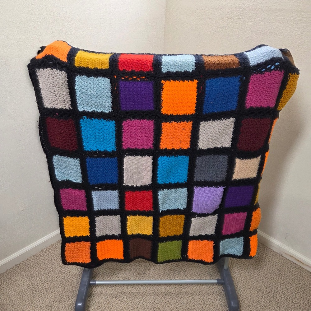 Vintage Handmade Crochet Patchwork Squares Throw Blanket Multicolor 52x48